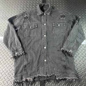 Shein Jacket Womens Small Black Denim Distressed Frayed Hem Longline Trucker